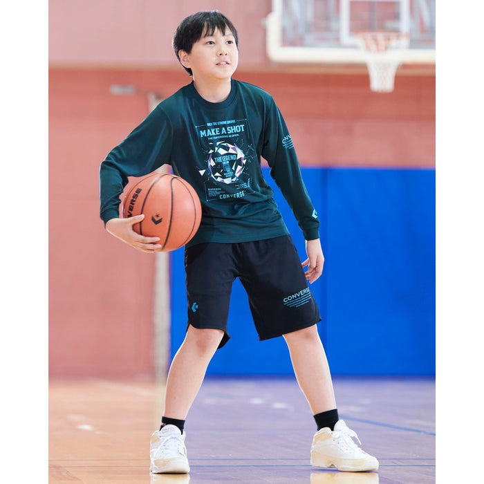 CONVERSEジュニアプリントTシャツミニバスバスケットボールウェアスポーツウエア吸汗速乾子ども用ロンT長袖トップスバスケシャツバスケT
