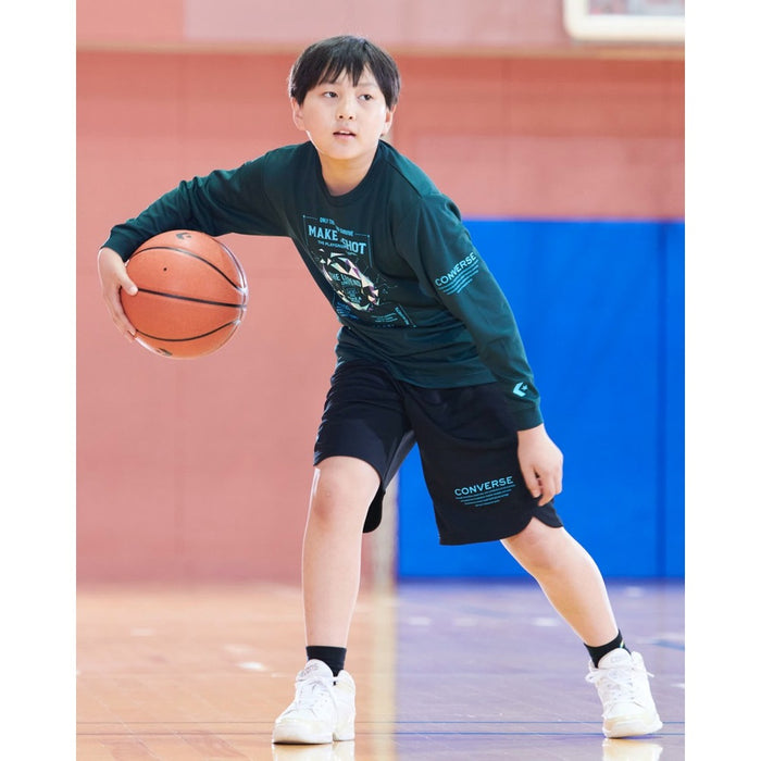 CONVERSEジュニアプリントTシャツミニバスバスケットボールウェアスポーツウエア吸汗速乾子ども用ロンT長袖トップスバスケシャツバスケT