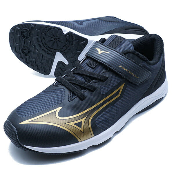 【送料無料】スピードスタッズ4ベルトミズノmizunoK1GC2423-02ブラックゴールドジュニアランニングシューズベルクロ