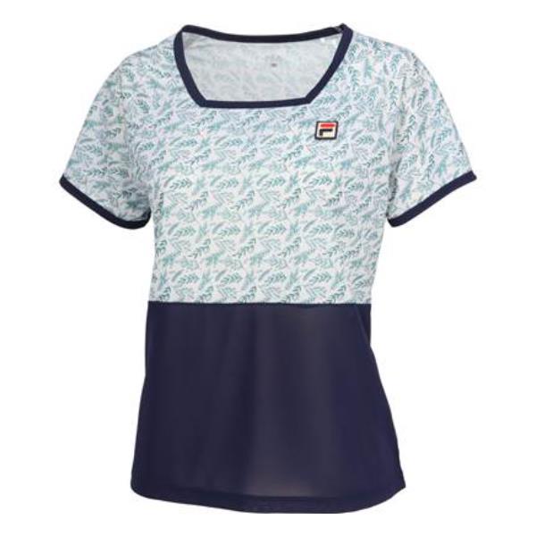 【ショップ限定エントリーでさらに+9倍】フィラFILAテニスウェアピンメッシュストライプボタニカルプリントスクエアネックゲームシャツレディースVL2871