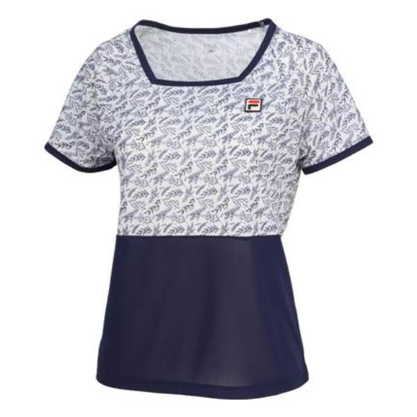 【ショップ限定エントリーでさらに+9倍】フィラFILAテニスウェアピンメッシュストライプボタニカルプリントスクエアネックゲームシャツレディースVL2871